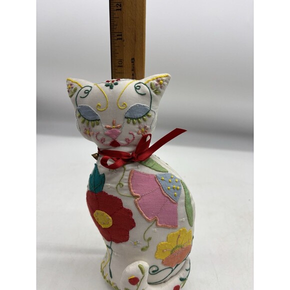 Vintage Handmade Patchwork Embroidered Farmhouse  Cat Pillow - Picture 5 of 7